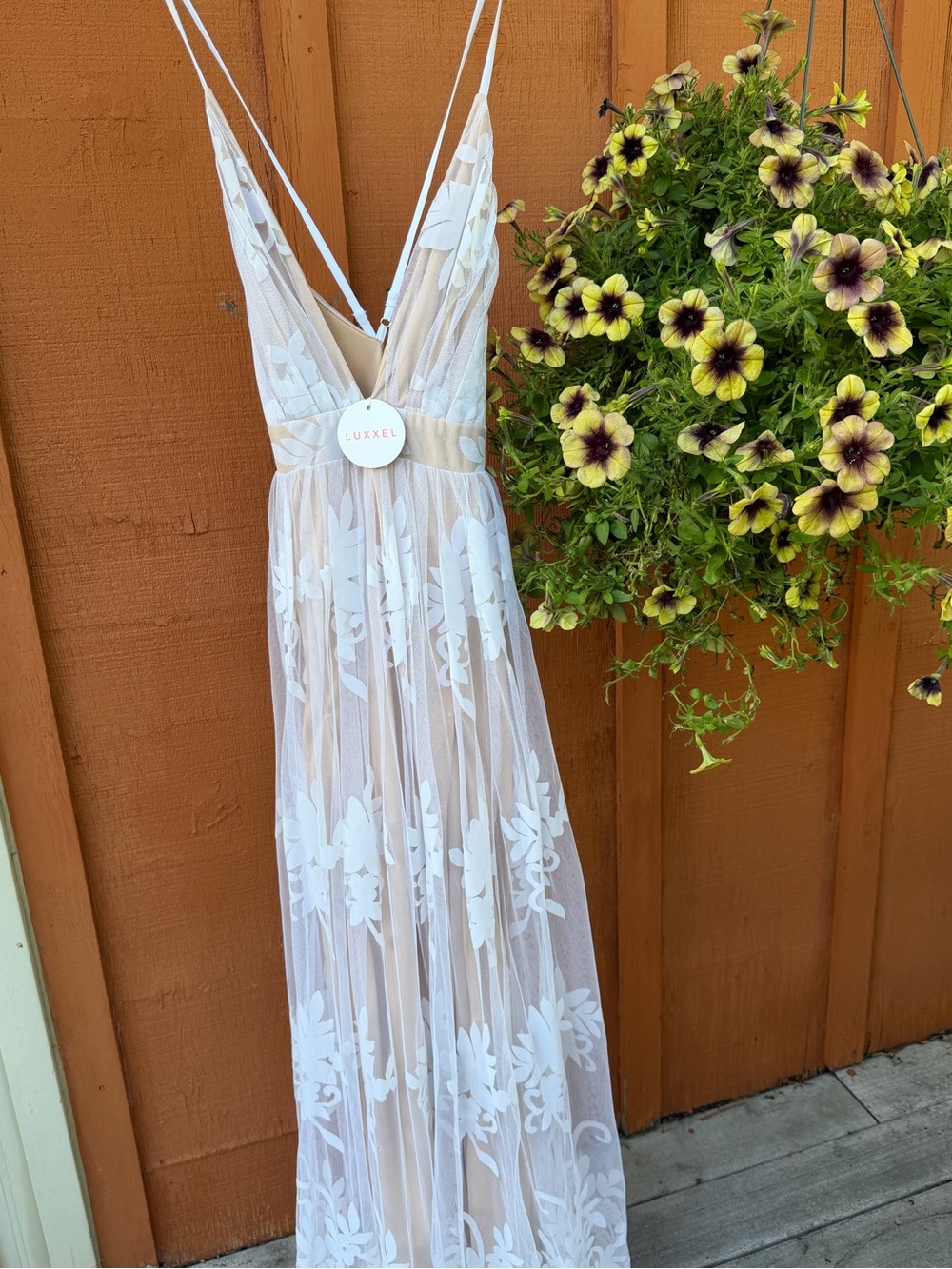 Luxxel Sheer White Floral Lace Maxi with Deep V